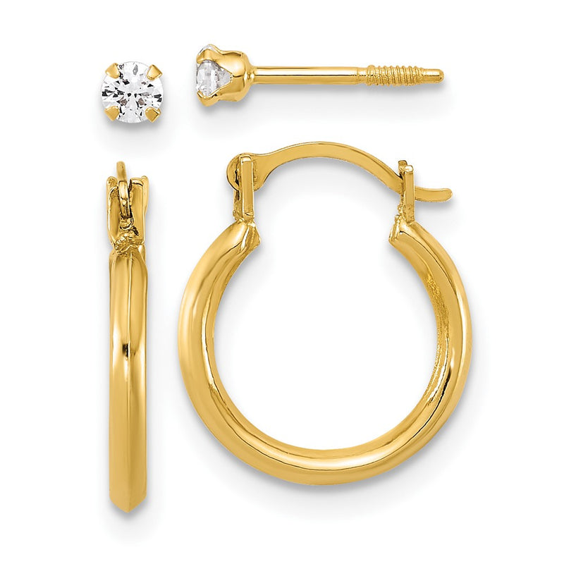 14K Yellow Gold 1.50mm Hoop and 2.5mm White CZ Screwback Post Set of 2 Earrings