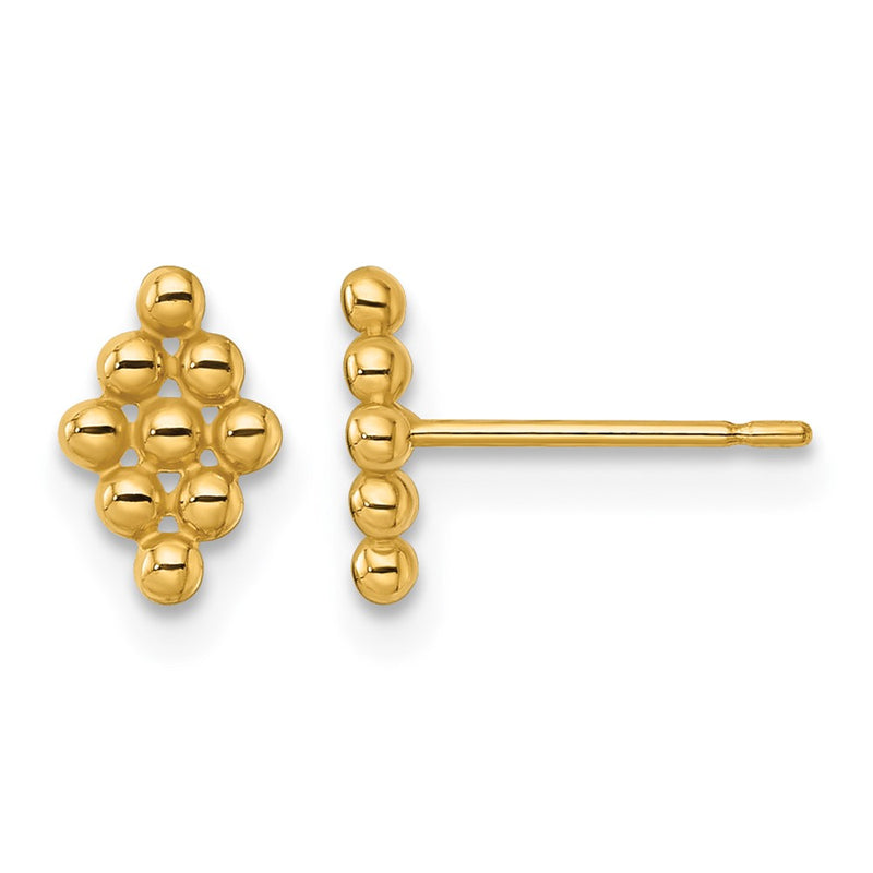14K Yellow Gold Polished and Beaded Marquise Post Earrings