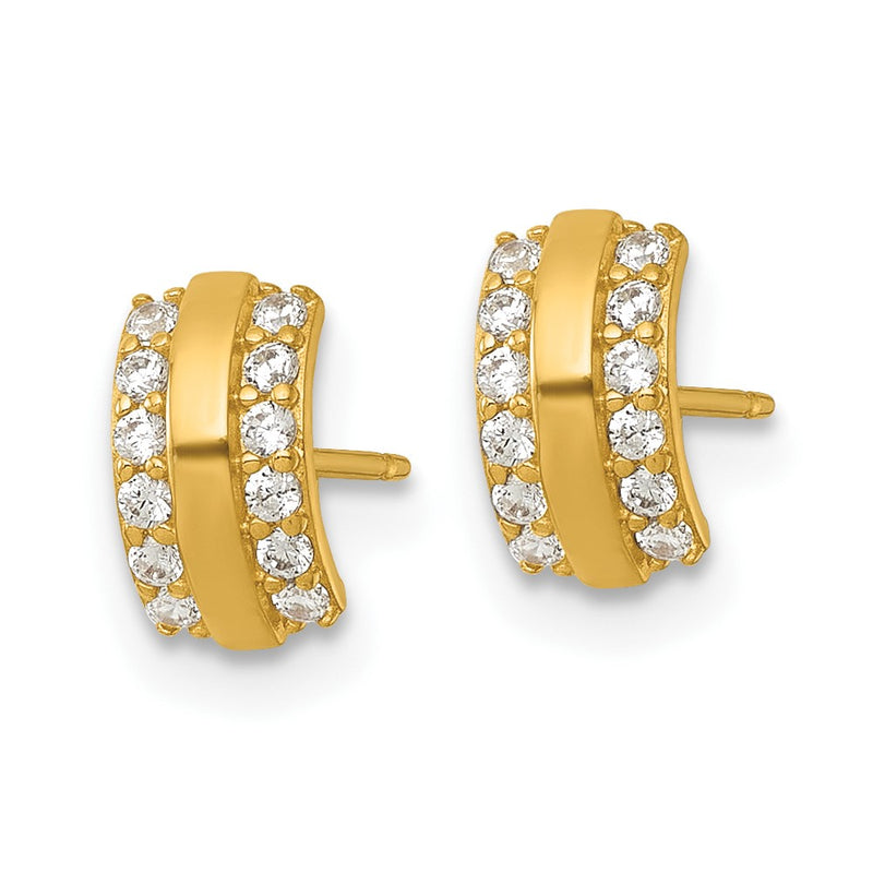 14K Yellow Gold Polished CZ Curved Bar Post Earrings