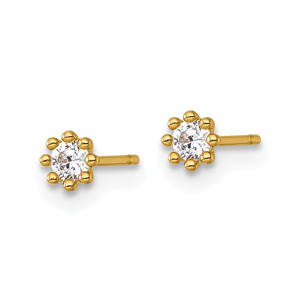 14K Yellow Gold Polished and Beaded Round CZ Post Earrings