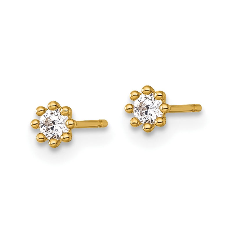 14K Yellow Gold Polished and Beaded Round CZ Post Earrings