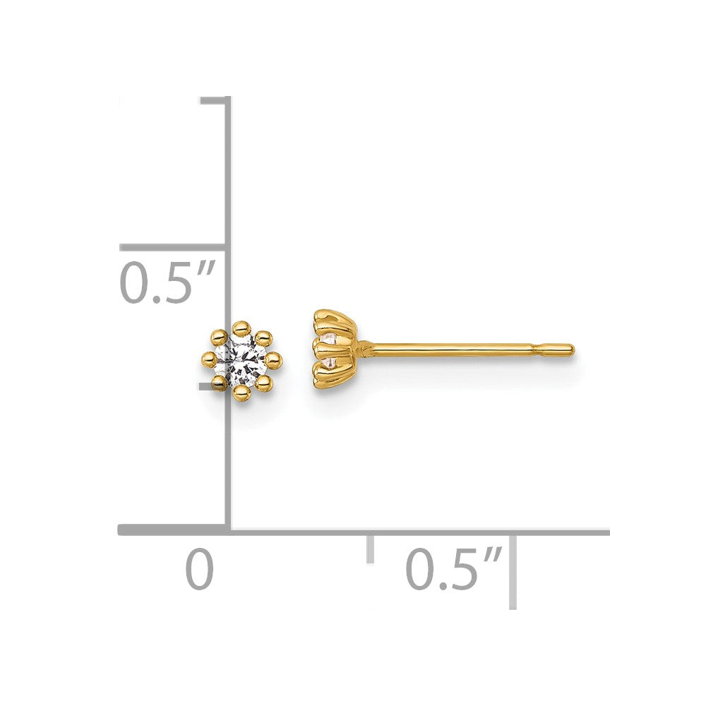14K Yellow Gold Polished and Beaded Round CZ Post Earrings