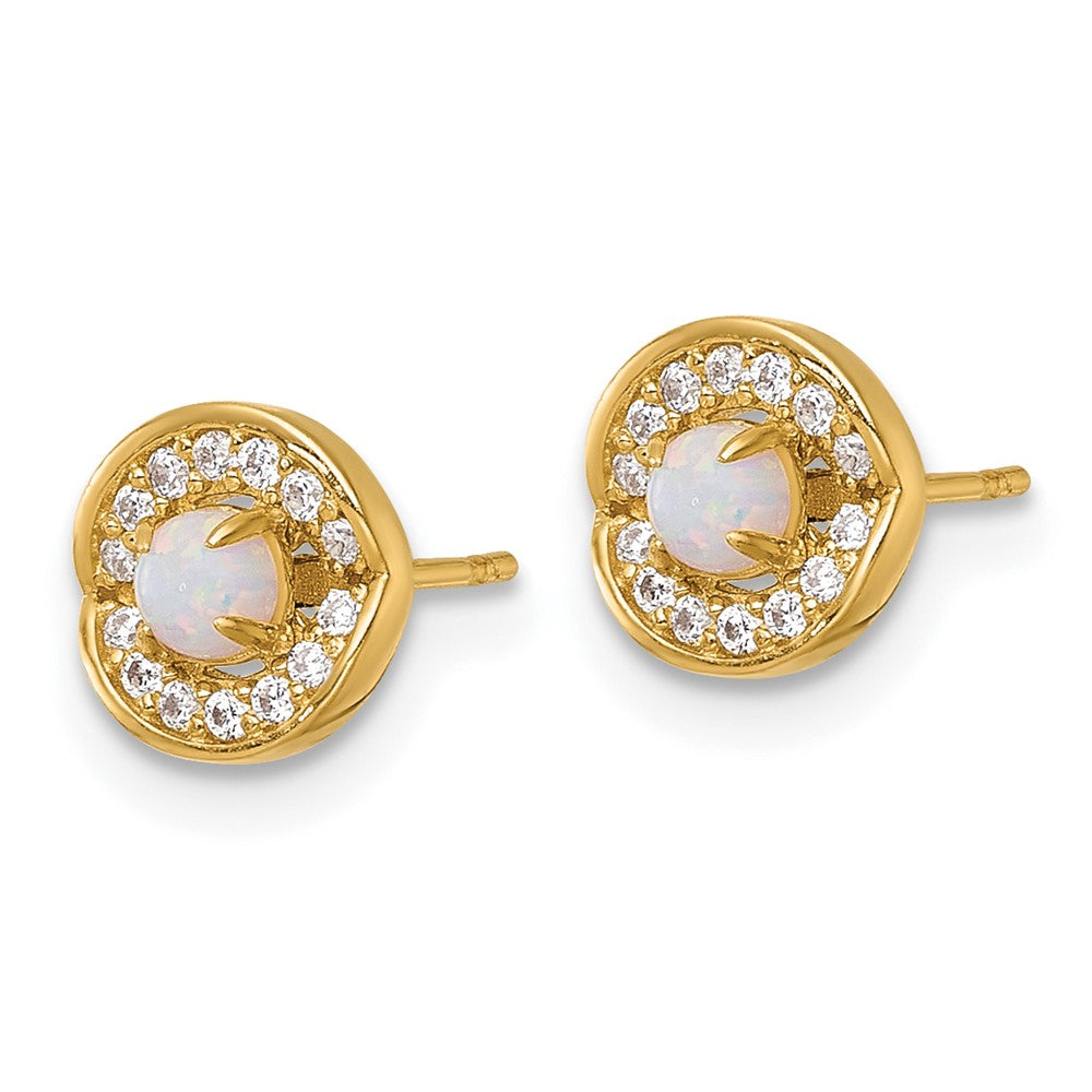 14K Yellow Gold Polished Opal and CZ Post Earrings