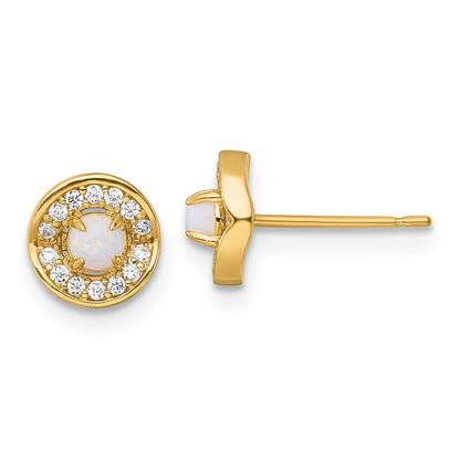 14K Yellow Gold Polished Opal and CZ Post Earrings