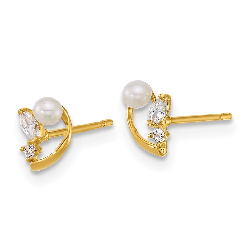 14K Yellow Gold Polished CZ and Freshwater Cultured Pearl Post Earrings