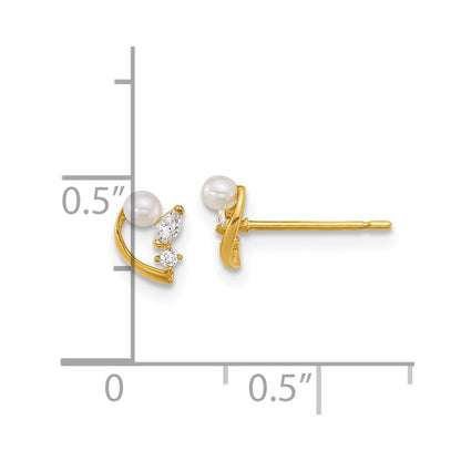 14K Yellow Gold Polished CZ and Freshwater Cultured Pearl Post Earrings