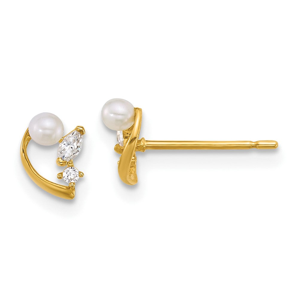 14K Yellow Gold Polished CZ and Freshwater Cultured Pearl Post Earrings
