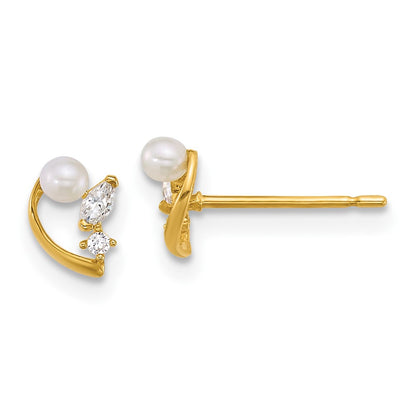 14K Yellow Gold Polished CZ and Freshwater Cultured Pearl Post Earrings