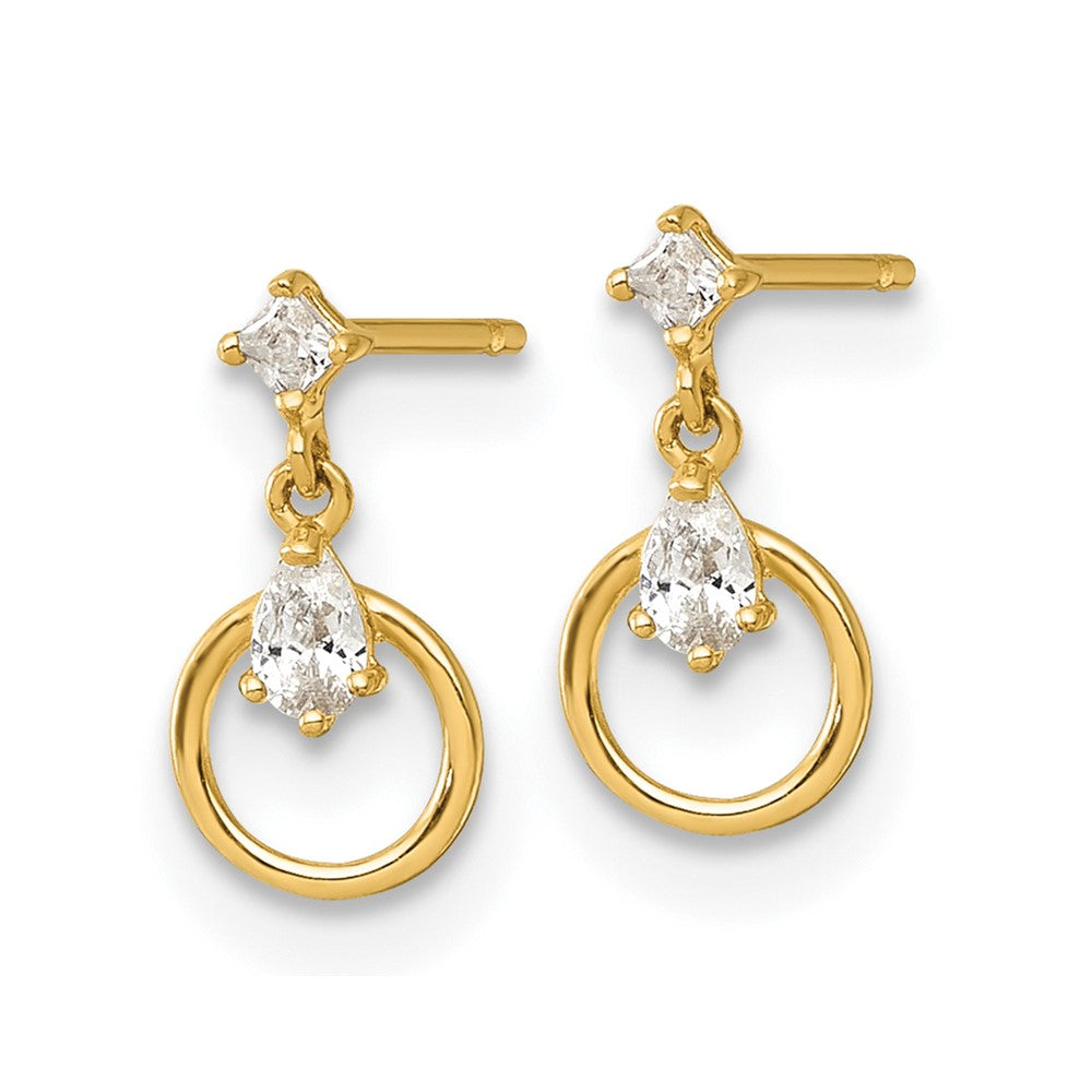 14K Yellow Gold Polished CZ Circle Post Dangle Earrings