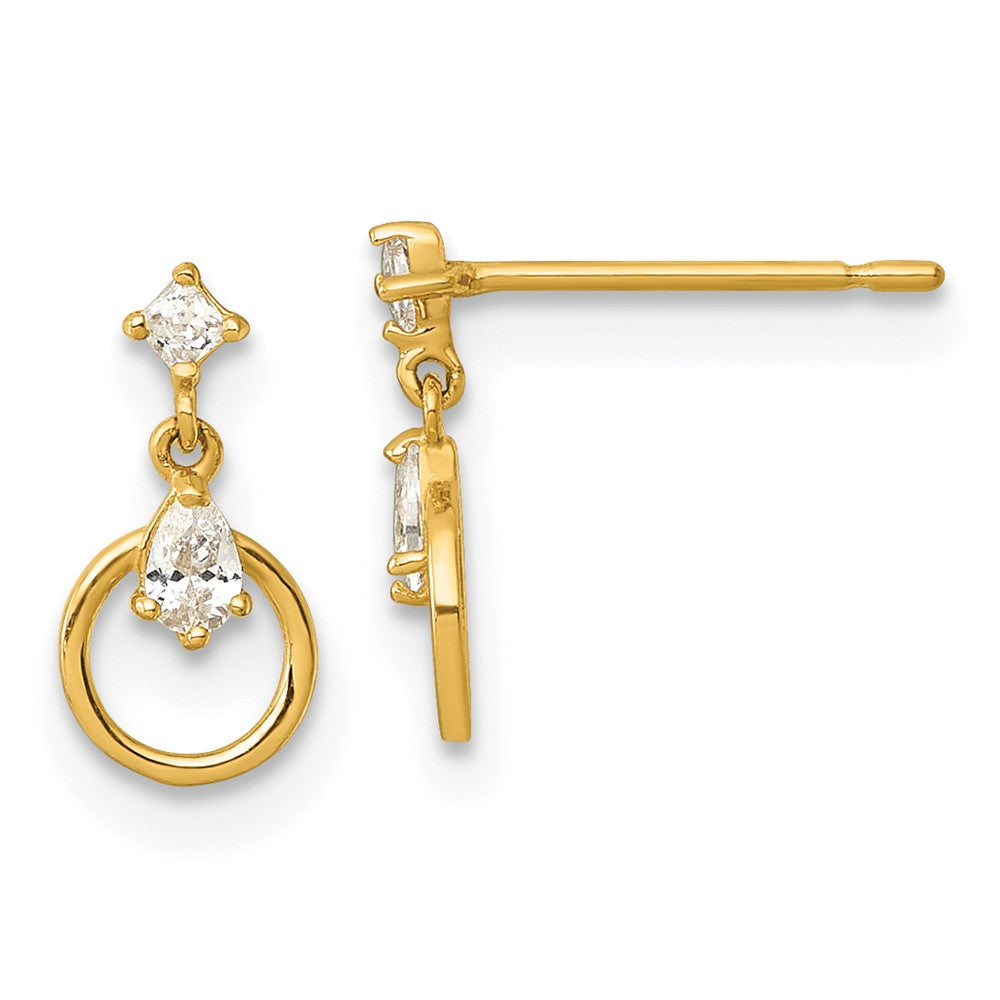 14K Yellow Gold Polished CZ Circle Post Dangle Earrings