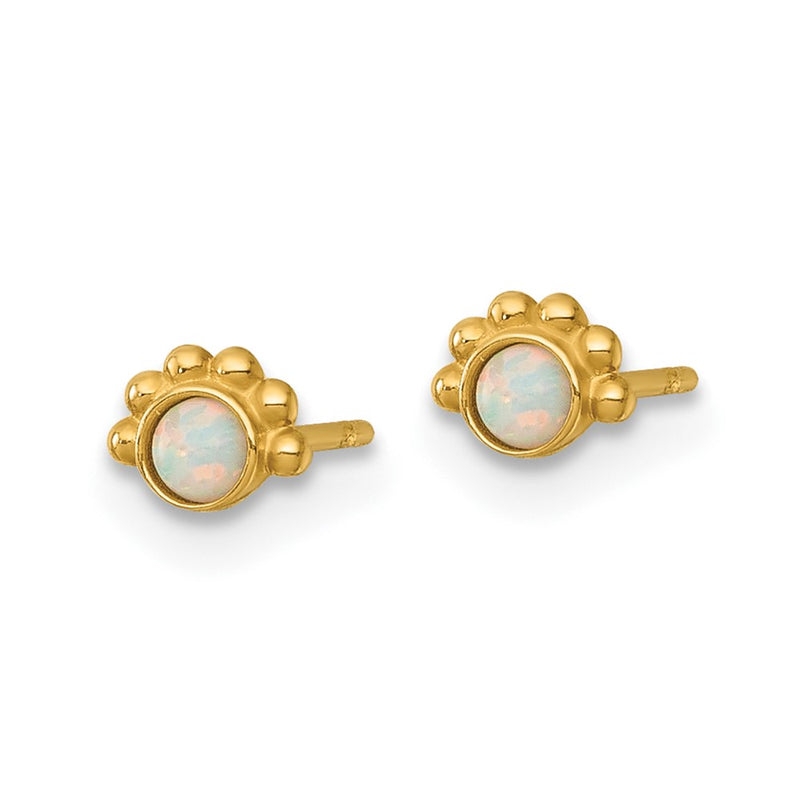 14K Yellow Gold Polished and Beaded Created Opal Post Earrings