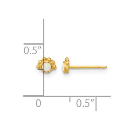 14K Yellow Gold Polished and Beaded Created Opal Post Earrings