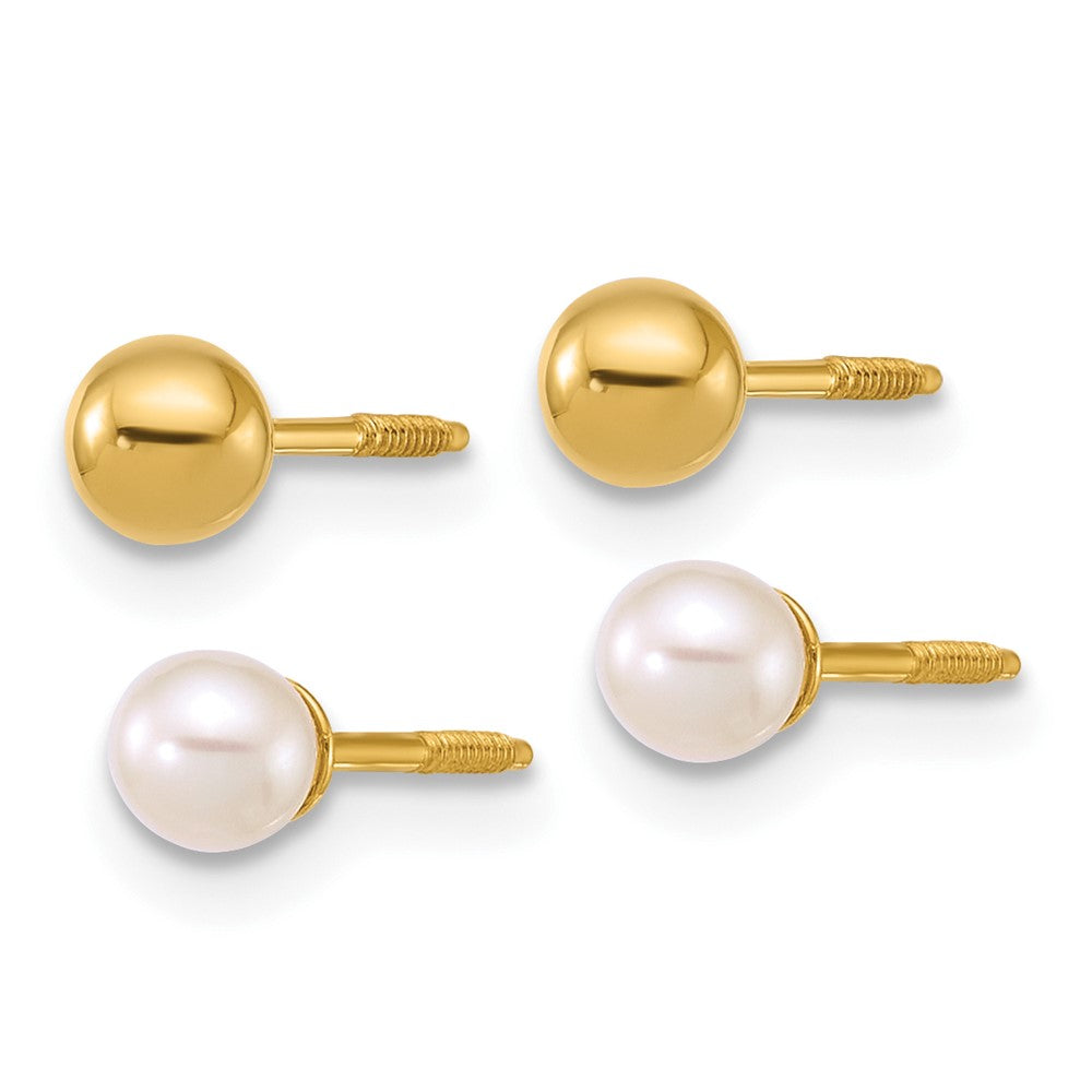 14K Yellow Gold Polished Ball and 3-4mm Fwc Pearl Screwback Set of 2 Earrings