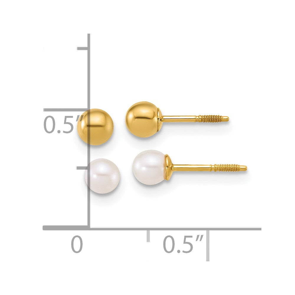14K Yellow Gold Polished Ball and 3-4mm Fwc Pearl Screwback Set of 2 Earrings