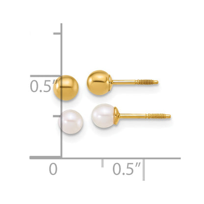 14K Yellow Gold Polished Ball and 3-4mm Fwc Pearl Screwback Set of 2 Earrings
