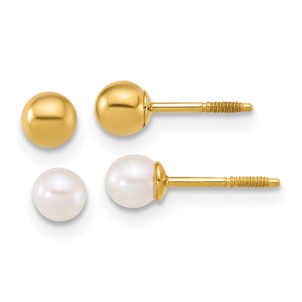 14K Yellow Gold Polished Ball and 3-4mm Fwc Pearl Screwback Set of 2 Earrings