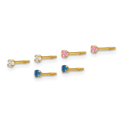 14K Yellow Gold Polished 2mm White Pink and Blue CZ Screwback Set of 3 Earrings