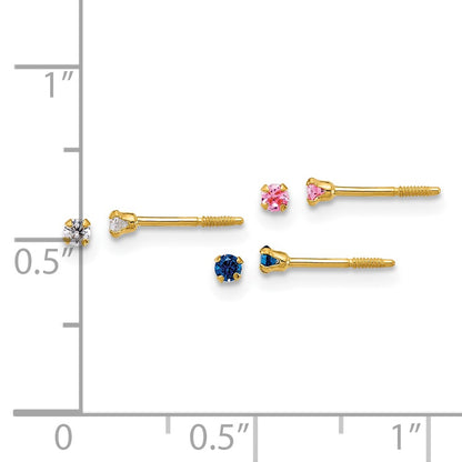 14K Yellow Gold Polished 2mm White Pink and Blue CZ Screwback Set of 3 Earrings
