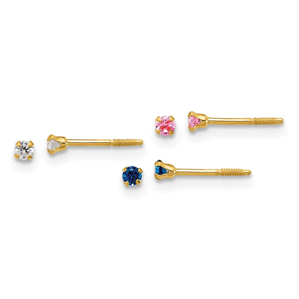 14K Yellow Gold Polished 2mm White Pink and Blue CZ Screwback Set of 3 Earrings