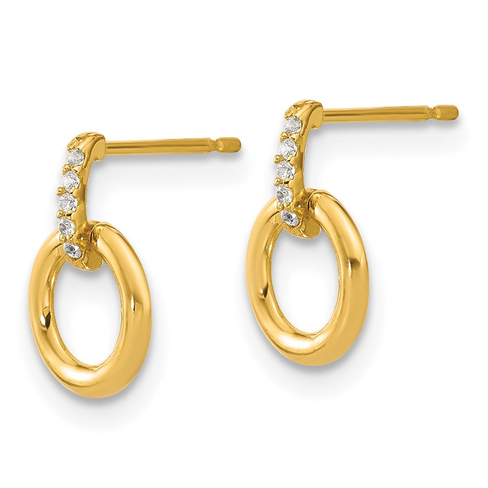 14K Yellow Gold Polished CZ Circle Post Dangle Earrings
