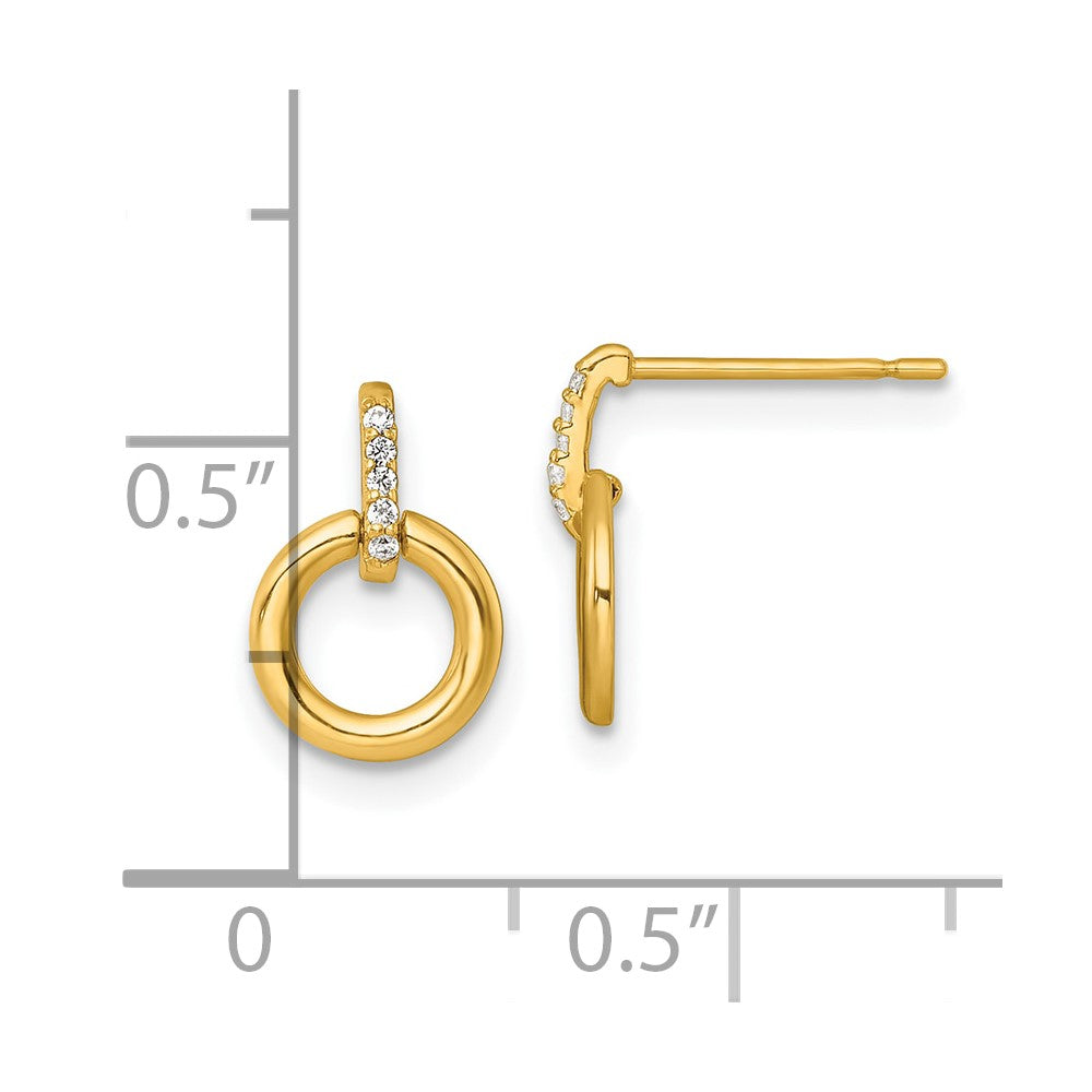 14K Yellow Gold Polished CZ Circle Post Dangle Earrings