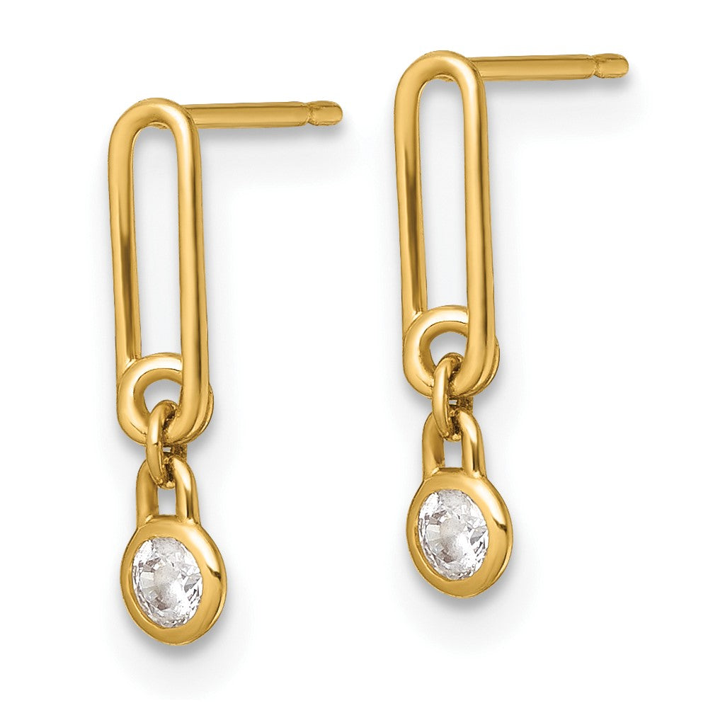 14K Yellow Gold Polished CZ Paperclip Link Post Dangle Earrings