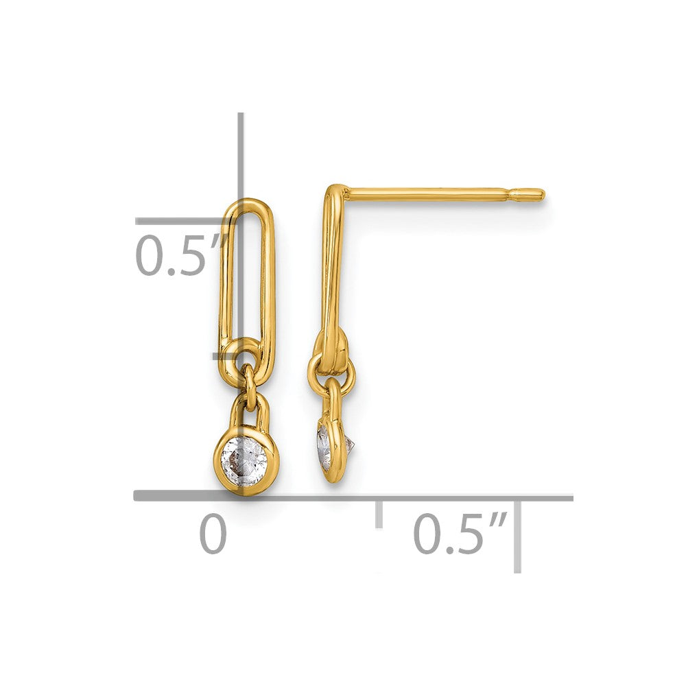 14K Yellow Gold Polished CZ Paperclip Link Post Dangle Earrings
