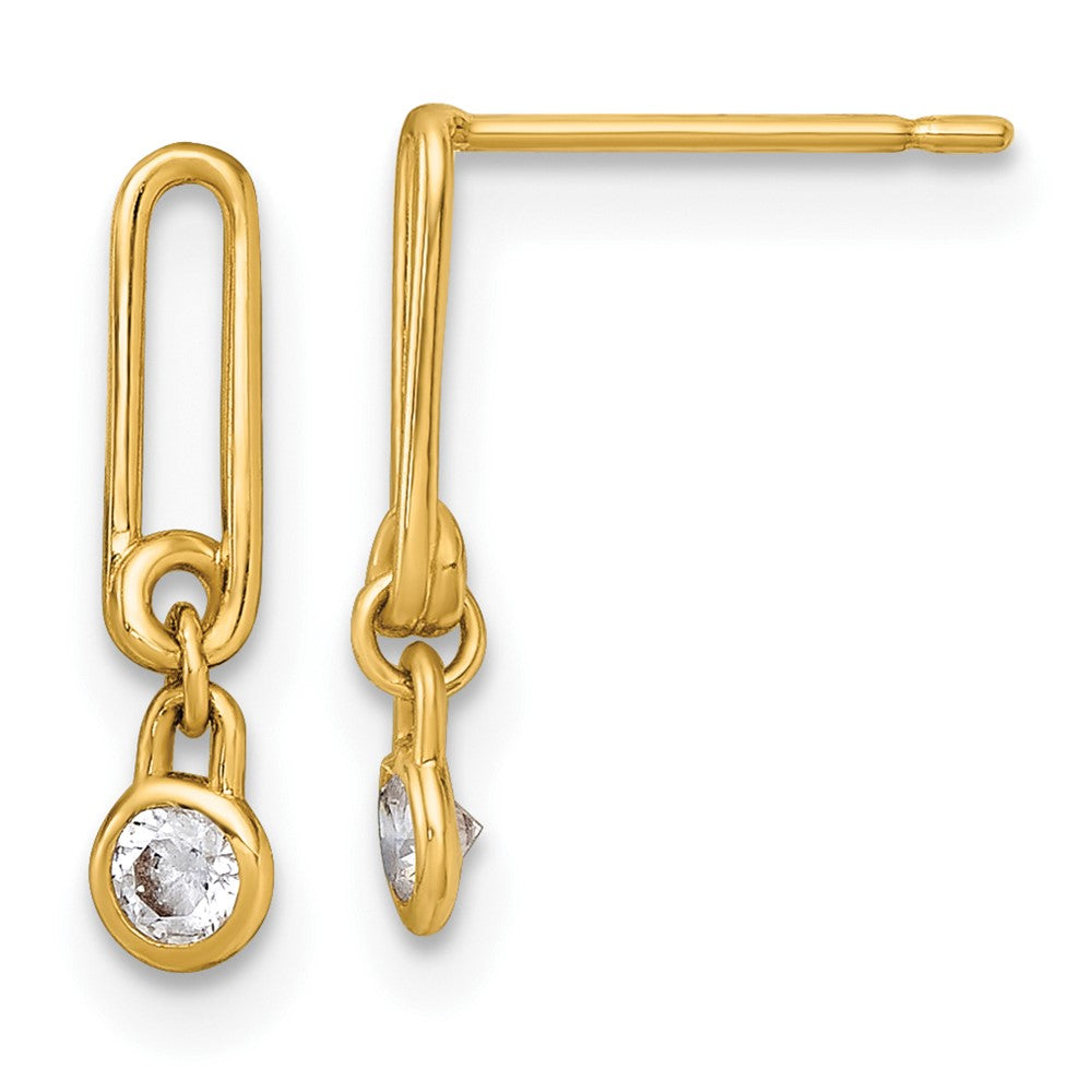 14K Yellow Gold Polished CZ Paperclip Link Post Dangle Earrings