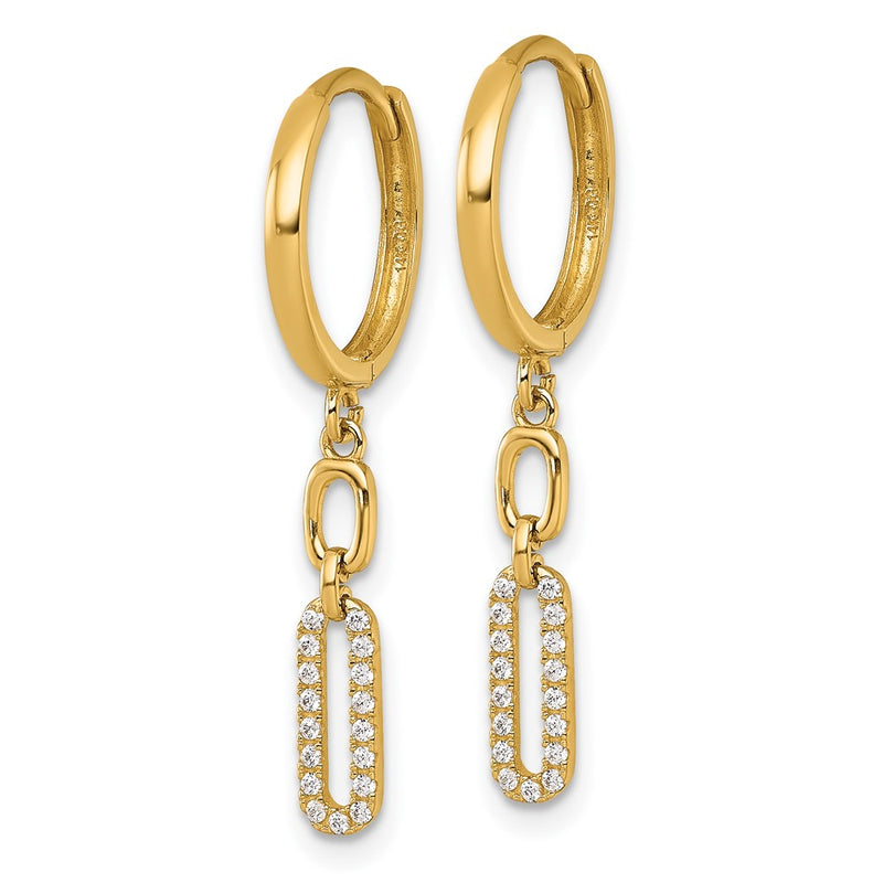 14K Yellow Gold Polished Fancy CZ Link Dangle Hinged Round Hoop Earrings