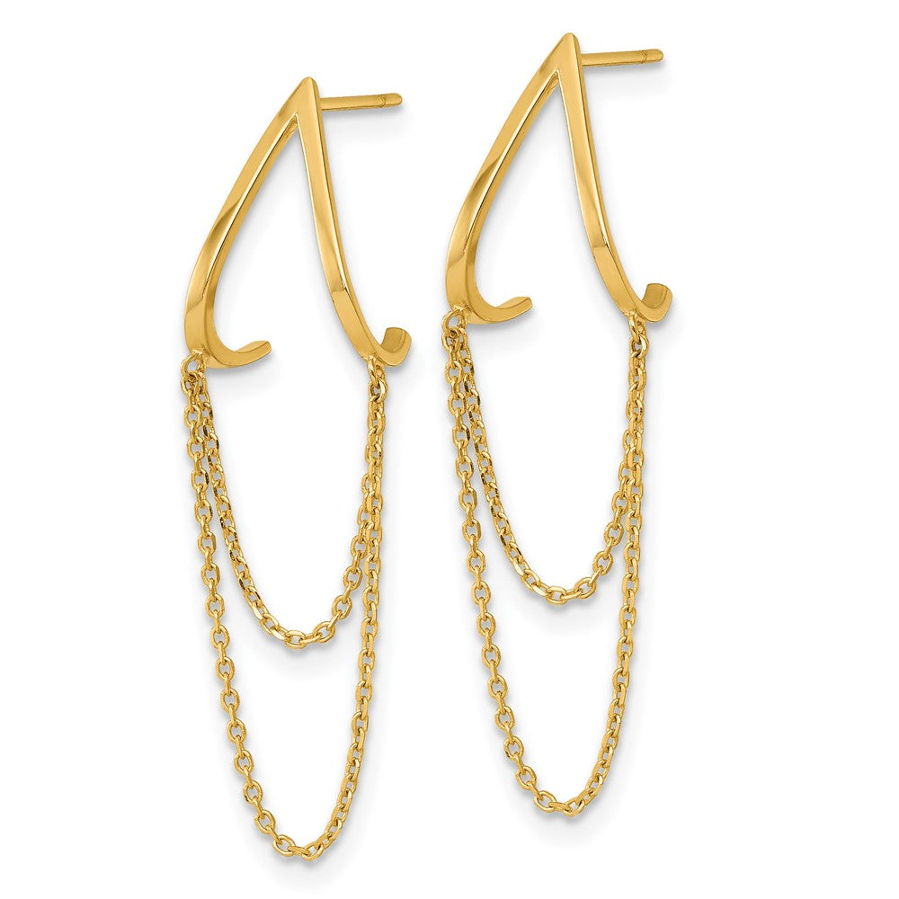 14K Yellow Gold Polished V Design with Dangle Chain Post Earrings