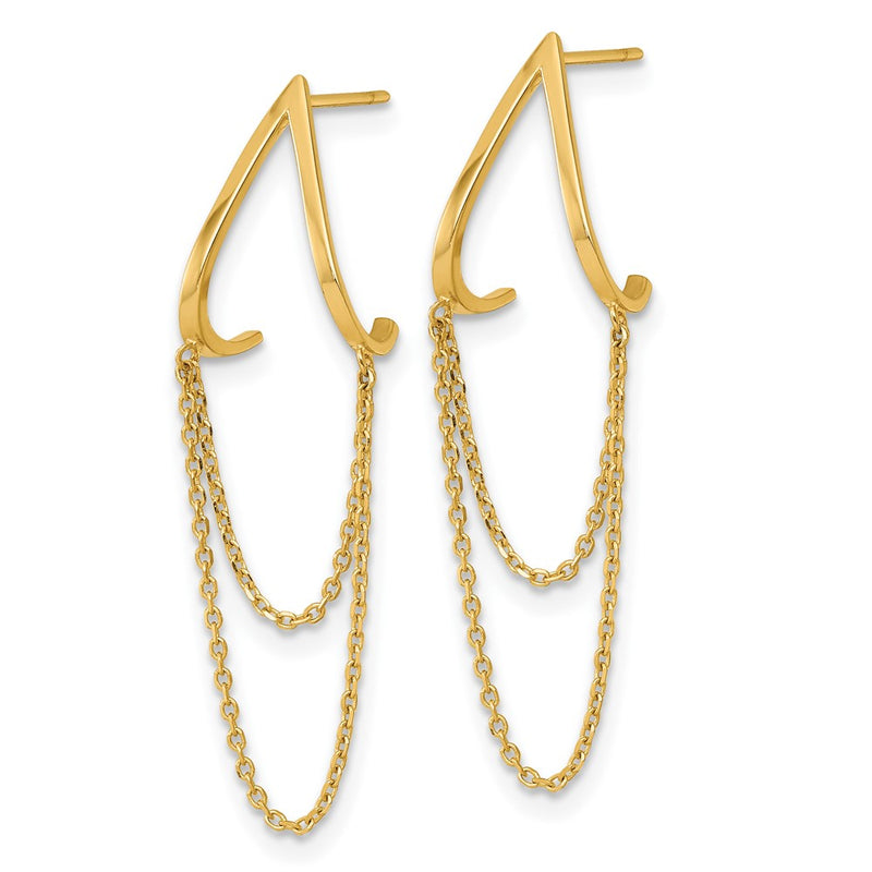 14K Yellow Gold Polished V Design with Dangle Chain Post Earrings