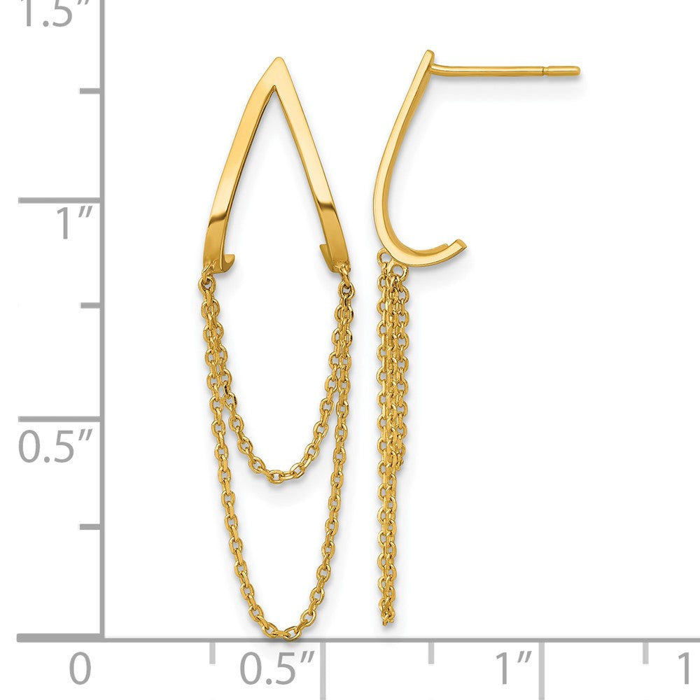 14K Yellow Gold Polished V Design with Dangle Chain Post Earrings