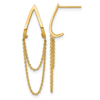 14K Yellow Gold Polished V Design with Dangle Chain Post Earrings