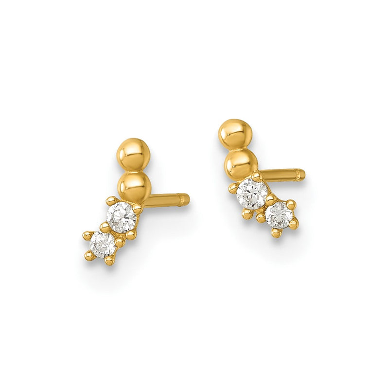 14K Yellow Gold Polished and Beaded CZ Curved Post Earrings