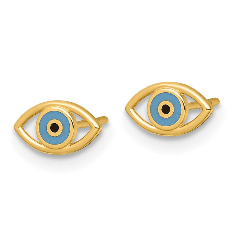 14K Yellow Gold Polished Blue/black Enamel Evil Eye Post Earrings