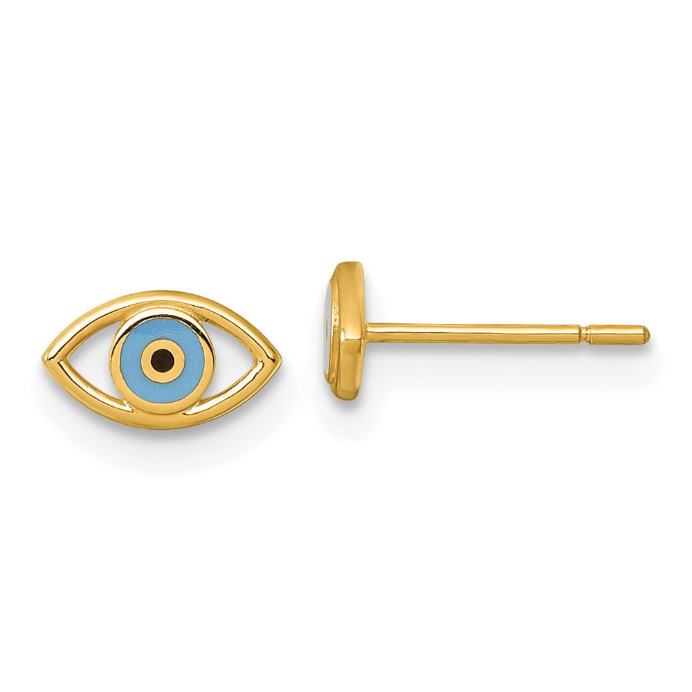 14K Yellow Gold Polished Blue/black Enamel Evil Eye Post Earrings