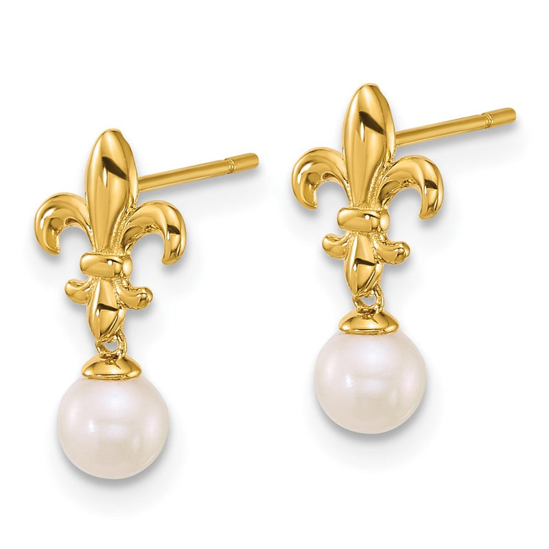 14K Yellow Gold Polished Fleur De Lis 4mm Fwc Pearl Post Dangle Earrings