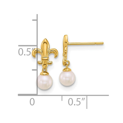 14K Yellow Gold Polished Fleur De Lis 4mm Fwc Pearl Post Dangle Earrings