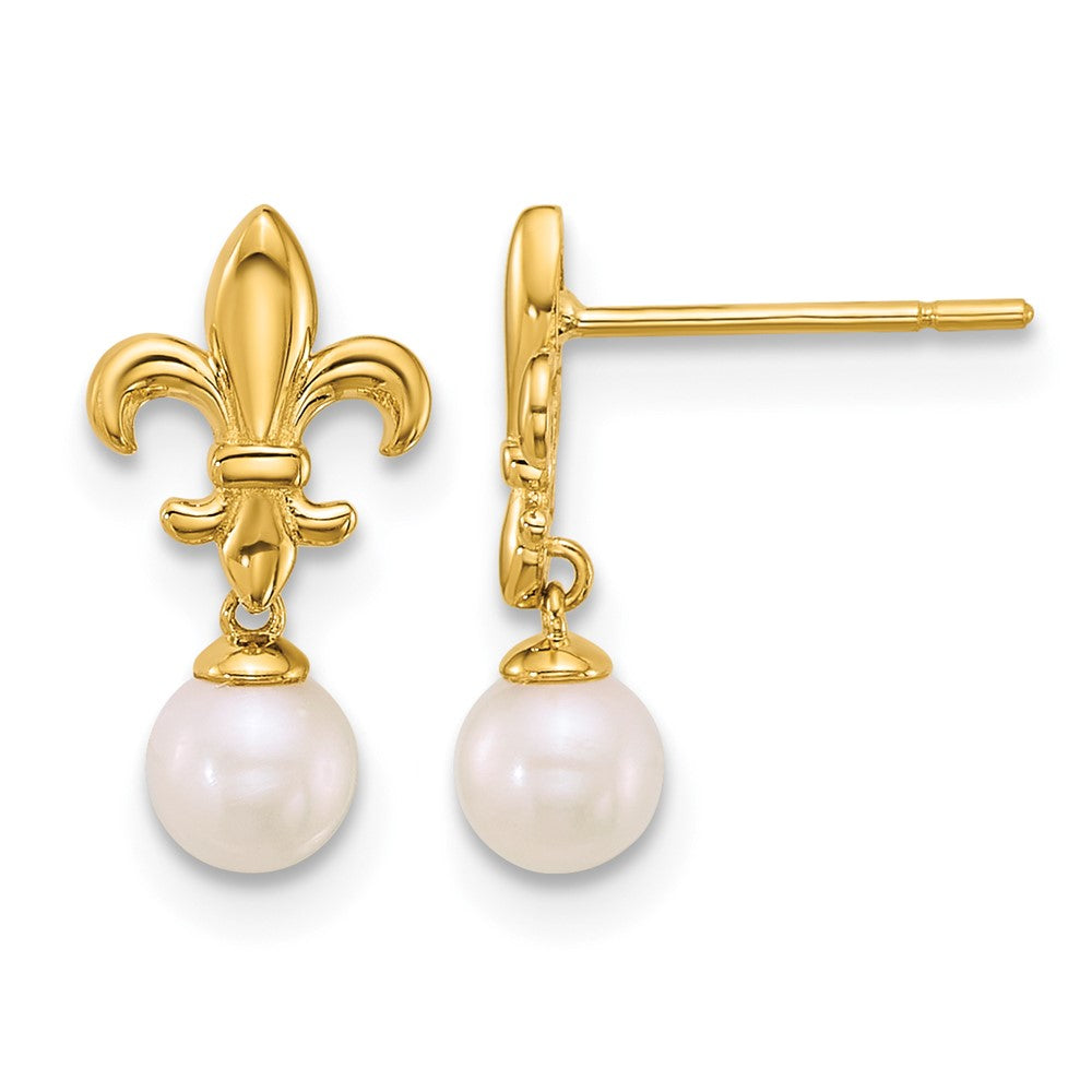 14K Yellow Gold Polished Fleur De Lis 4mm Fwc Pearl Post Dangle Earrings