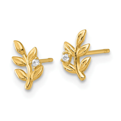 14K Yellow Gold Polished CZ Leaf Post Earrings