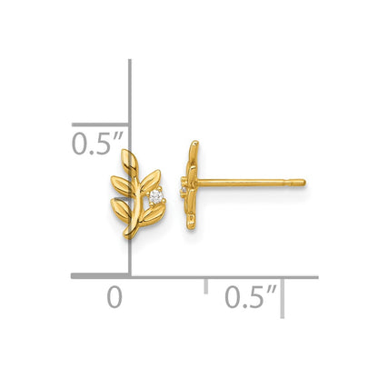 14K Yellow Gold Polished CZ Leaf Post Earrings