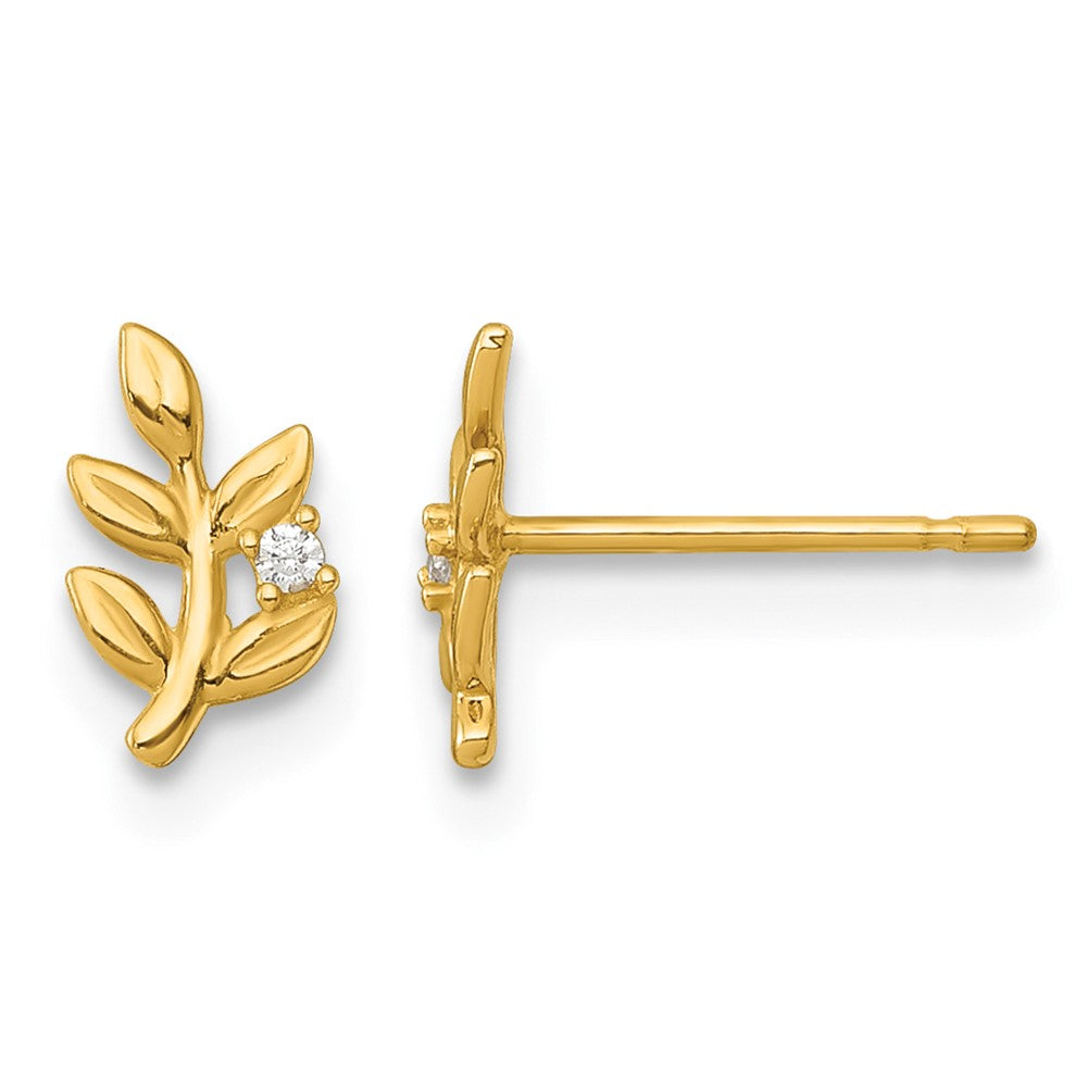 14K Yellow Gold Polished CZ Leaf Post Earrings