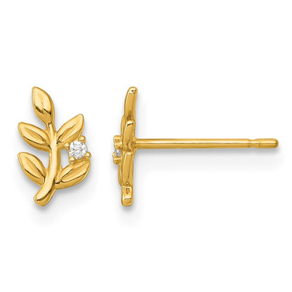 14K Yellow Gold Polished CZ Leaf Post Earrings