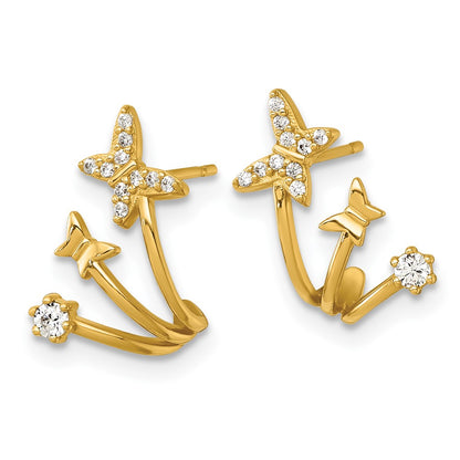 14K Yellow Gold Polished CZ Double Butterfly Post Cuff Earrings