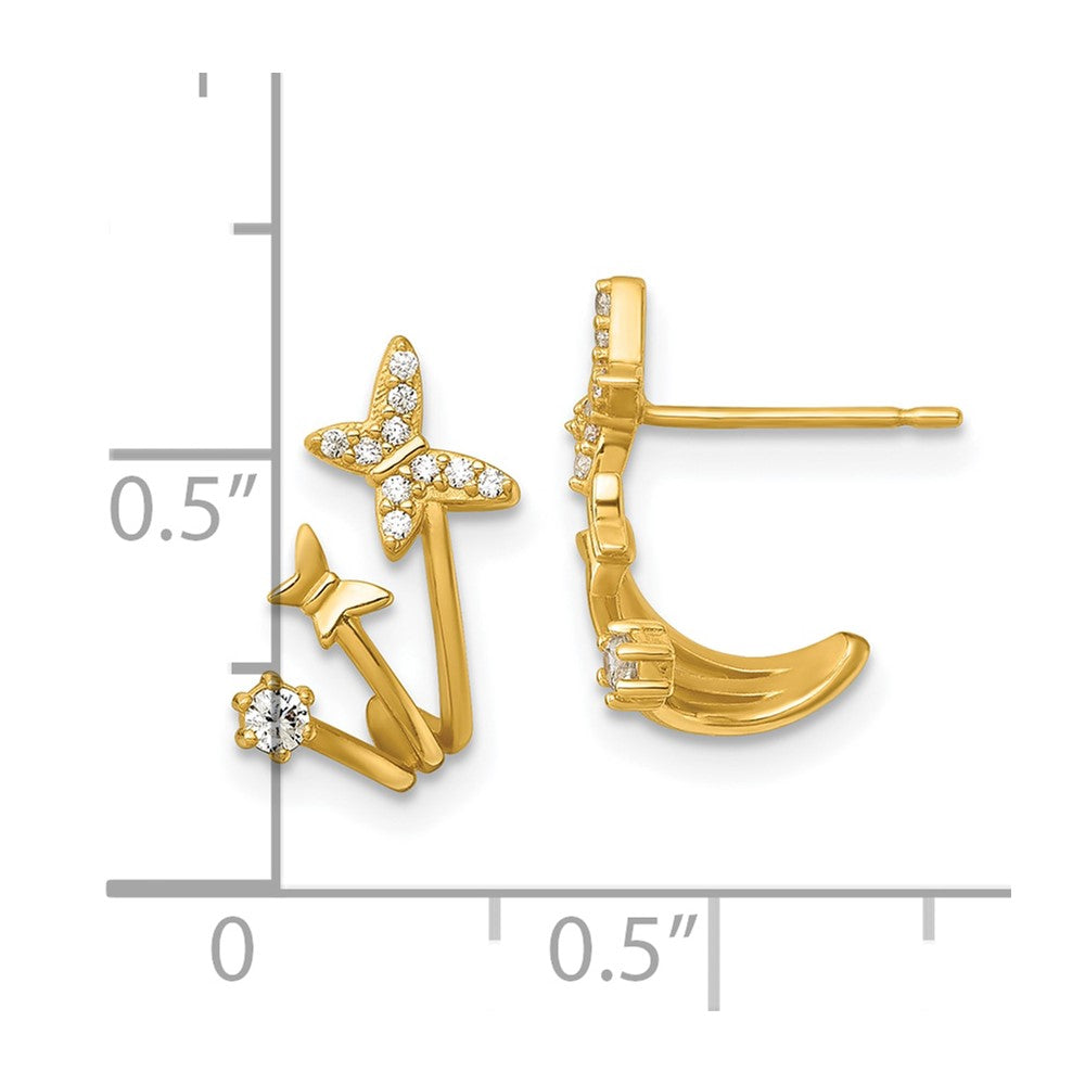 14K Yellow Gold Polished CZ Double Butterfly Post Cuff Earrings