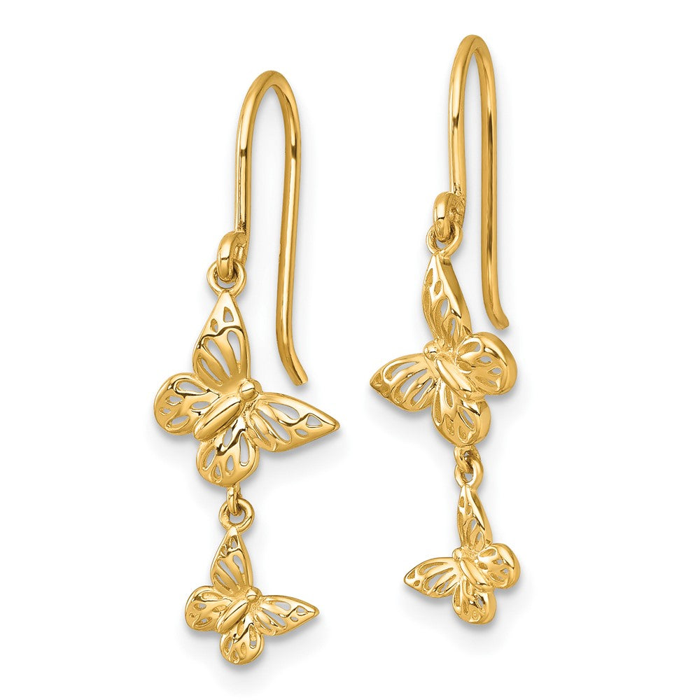 14K Yellow Gold Polished Double Butterfly Moveable Dangle Shepherd Hook Earrings