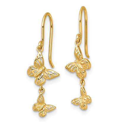 14K Yellow Gold Polished Double Butterfly Moveable Dangle Shepherd Hook Earrings