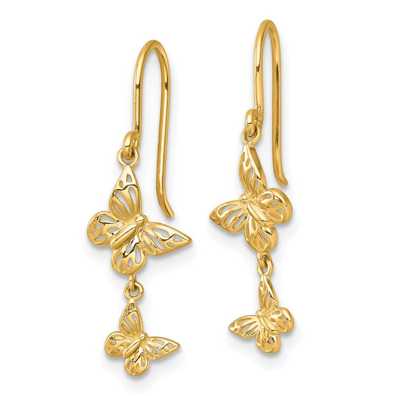 14K Yellow Gold Polished Double Butterfly Moveable Dangle Shepherd Hook Earrings
