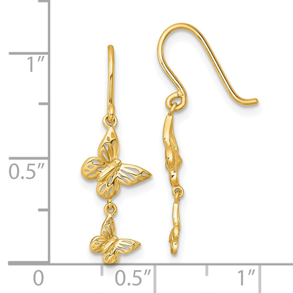 14K Yellow Gold Polished Double Butterfly Moveable Dangle Shepherd Hook Earrings