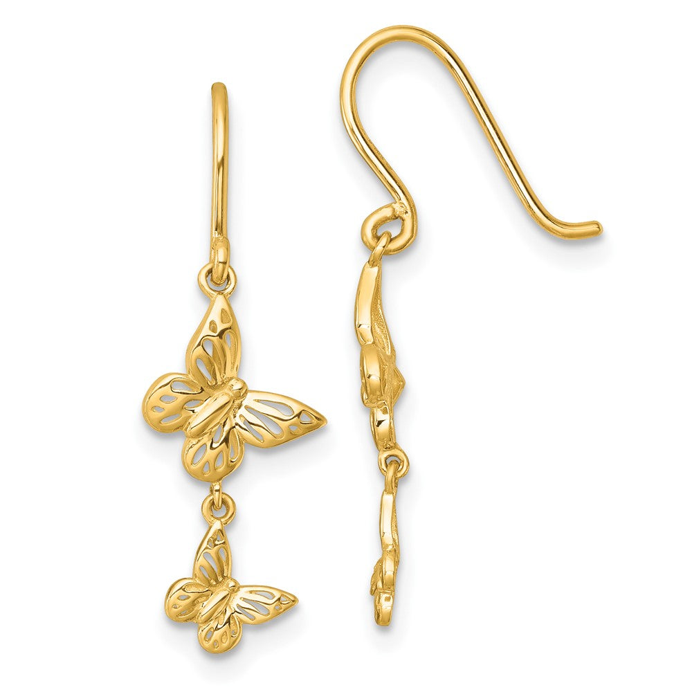 14K Yellow Gold Polished Double Butterfly Moveable Dangle Shepherd Hook Earrings